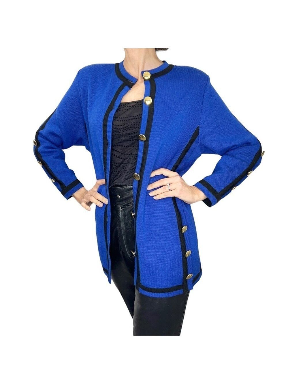 Vintage 80s Creazione Loreani royal blue black gold tunic cardigan sweater